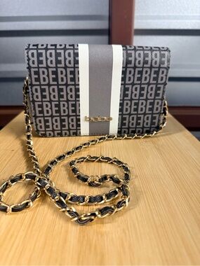 Bebe  Monogram Crossbody with Gray and White Stripe